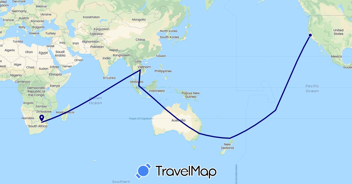 TravelMap itinerary: driving in Australia, France, Indonesia, Cambodia, New Zealand, Singapore, United States, South Africa (Africa, Asia, Europe, North America, Oceania)